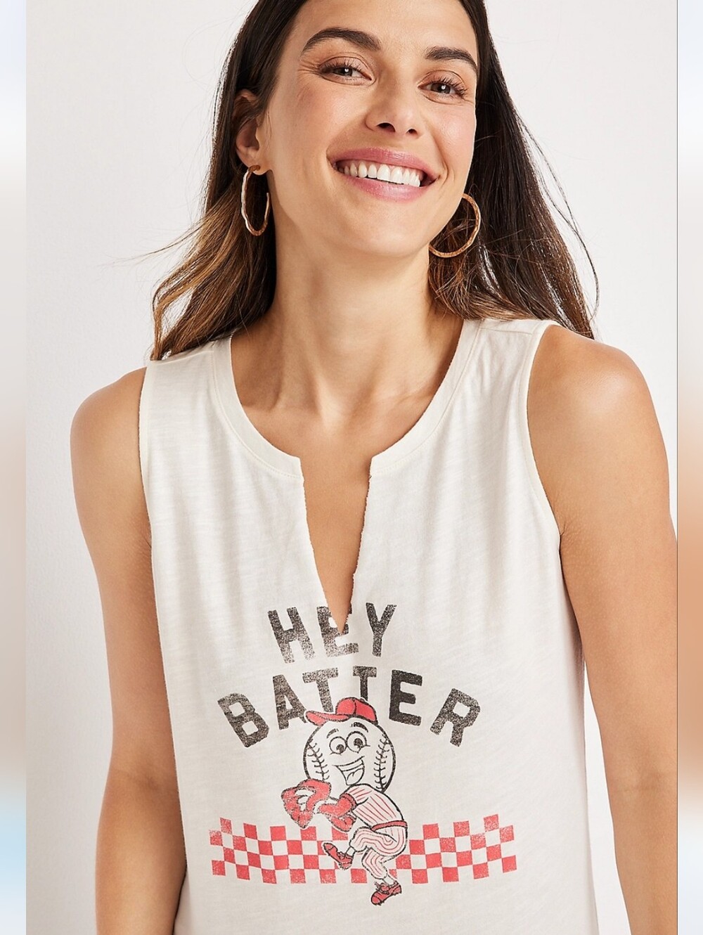 Maurices Hey Batter Baseball Themed White Red Notched Neckline Tank Top Size M